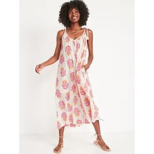 Old Navy Floral Midi Dress Size Medium White Pink Tie Strap Cotton Lined Boho